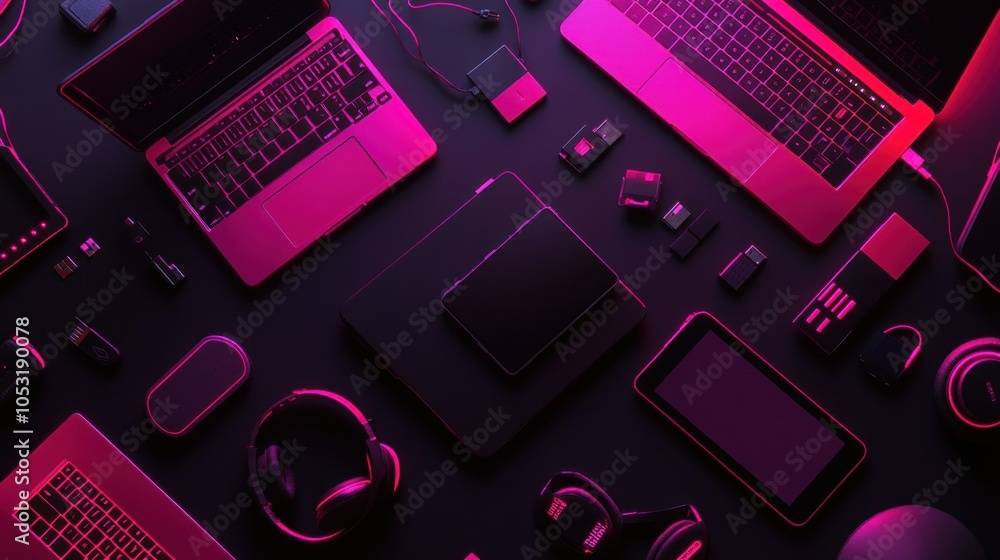 Tech Gadgets Glowing with Pink Neon Light on Black Background Tech Gadgets Glowing with Pink Neon Light on Black Background