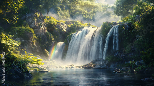 A waterfall flowing over smooth rocks, with summer greenery surrounding the scene and a rainbow forming in the mist 
