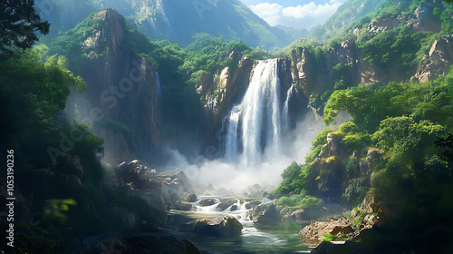 A stunning view of a majestic waterfall cascading down rocky cliffs, surrounded by lush greenery in the summer sunlight 