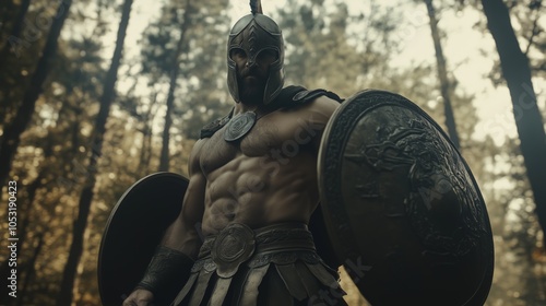 Greek warrior hero battle scene armor weapon strength pose. AI generated