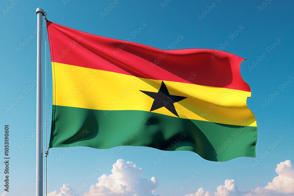Ghana Flag Waving Against Clear Blue Sky Ghana Flag Waving Against Clear Blue Sky
