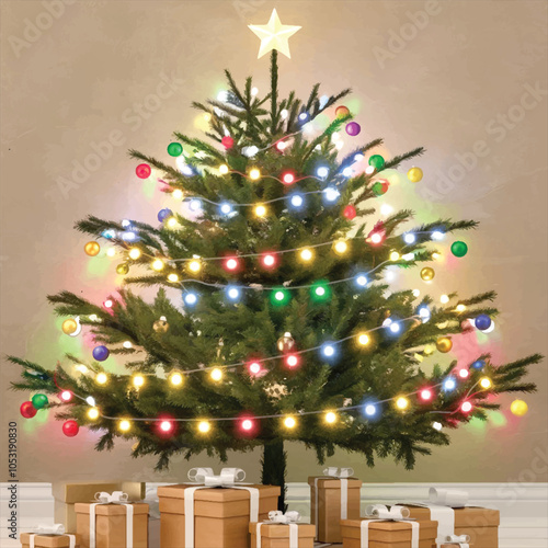A high quality design of a Christmas tree with various gifts wrapped in decorative paper. The gifts are placed at the bottom of the tree. The background is a clear sky with twinkling stars. The overal