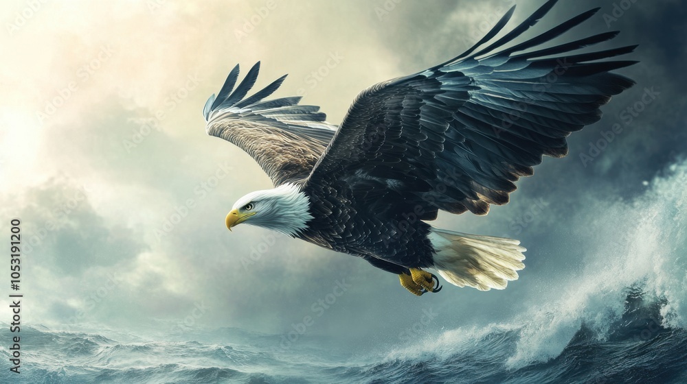 Obraz premium A bald eagle diving towards the ocean, its wings folded back in a streamlined posture
