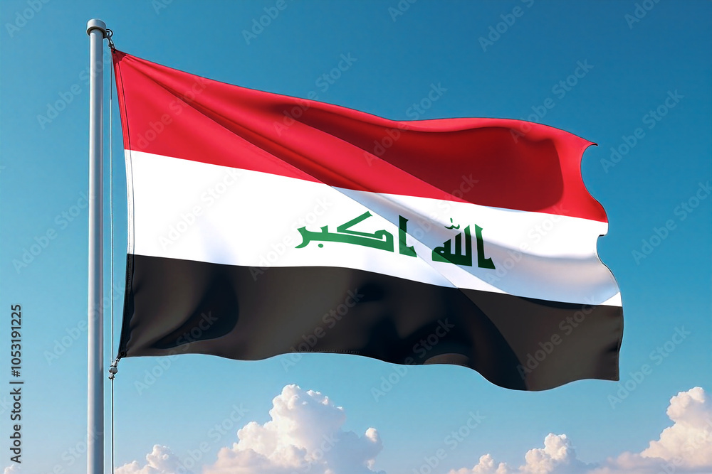 Naklejka premium Iraq Flag Waving Against Clear Blue Sky