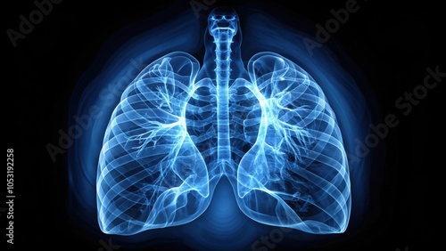 X-ray image of human lungs in blue shades, anatomy, chest, medical, health, lungs, respiratory, radiology, scan