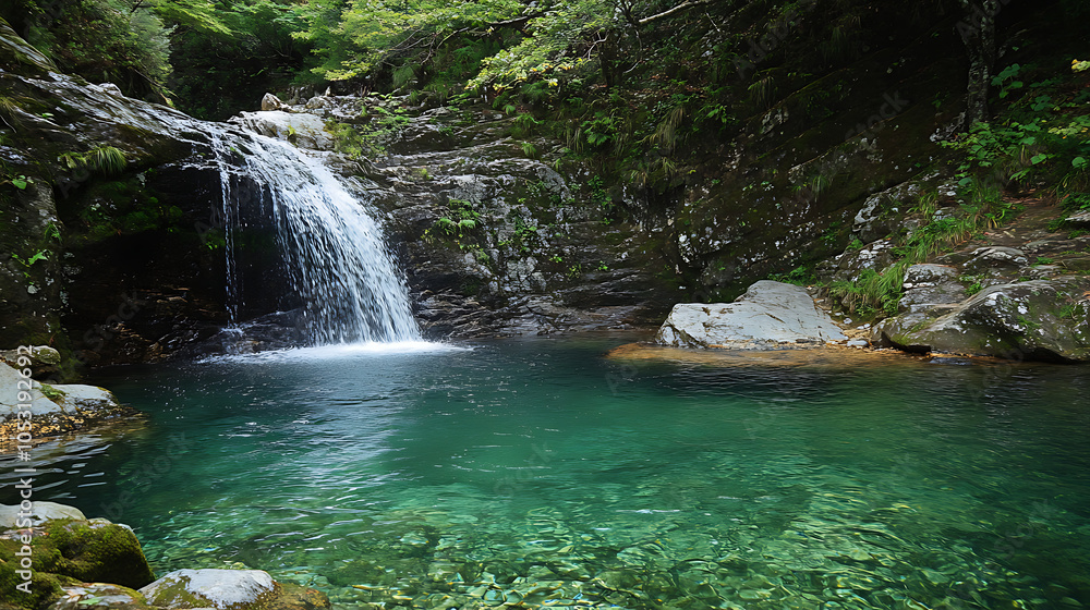 Naklejka premium A serene scene of a hidden waterfall flowing into a crystal-clear pool, perfect for summer swimming and relaxation 