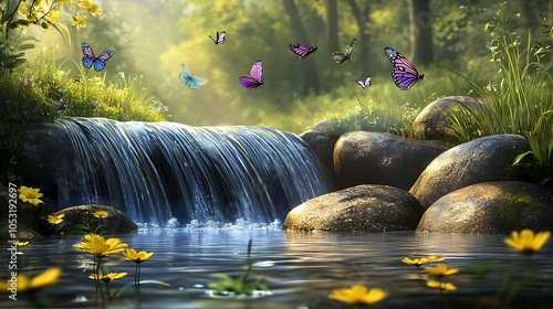 A tranquil scene of a small waterfall gently flowing over smooth stones, with dragonflies and butterflies flitting about in the summer air  photo