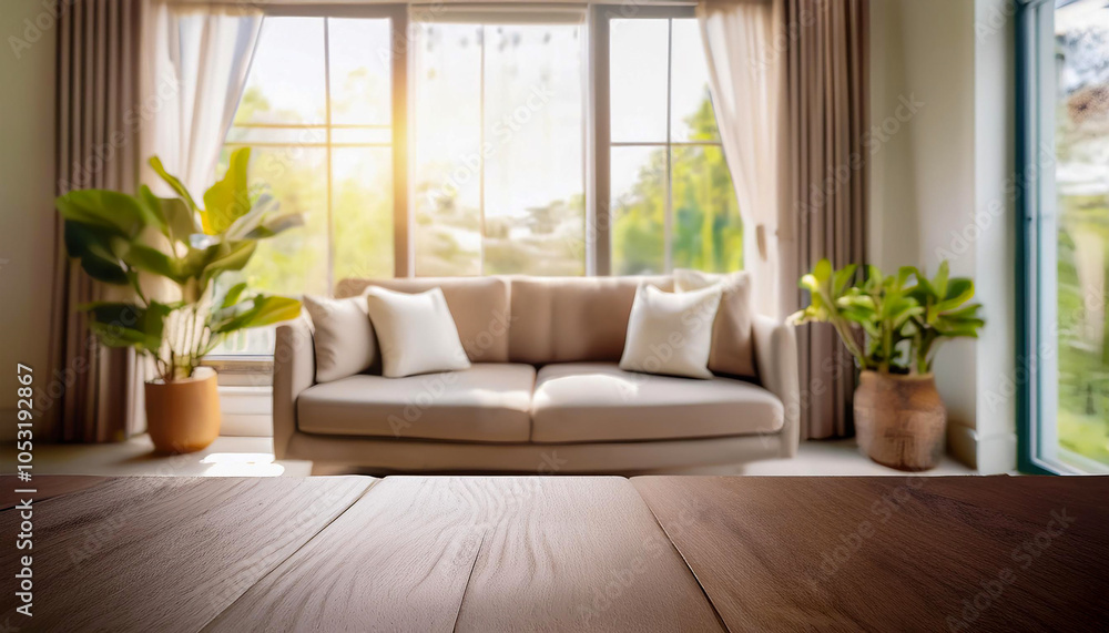 Naklejka premium Blur living room with nature lighting in the morning for background usage.Blur interior home background concept.Generative AI