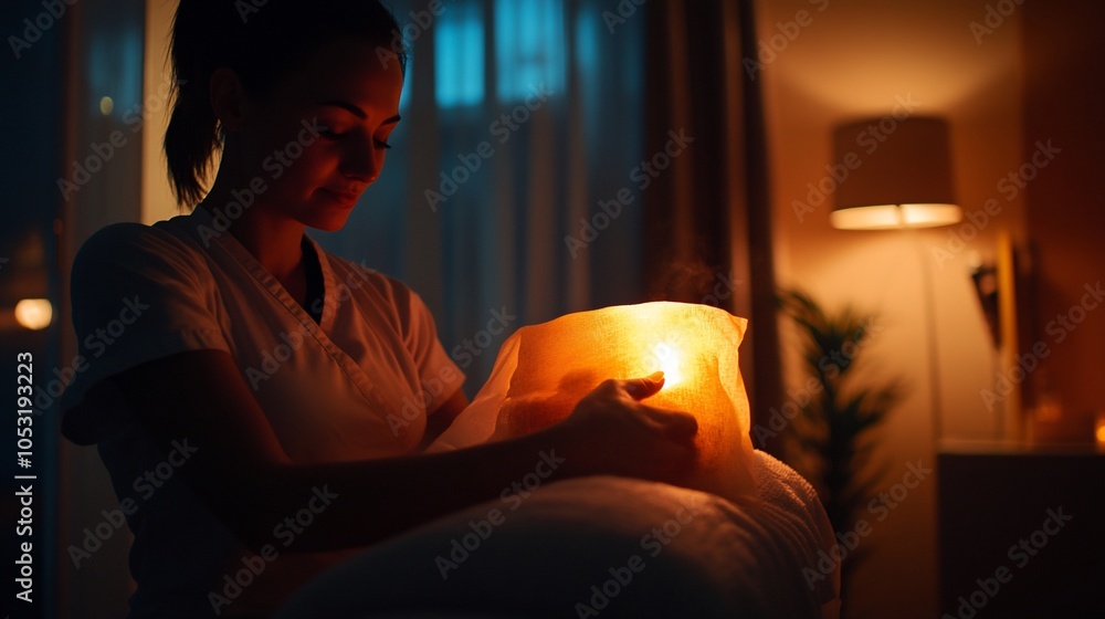 A woman holding a lit candle in a spa setting, creating a relaxing atmosphere. A woman holding a lit candle in a spa setting, creating a relaxing atmosphere.