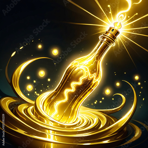 A glass bottle filled with glowing golden liquid sits on a swirling vortex of the same substance. The bottle has a golden cap and emits a bright light, suggesting a magical potion. photo