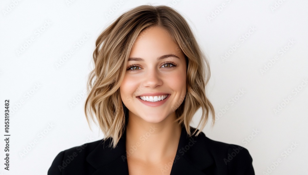 Smiling young woman with blonde hair wearing a black blazer against a white background. Smiling young woman with blonde hair wearing a black blazer against a white background.