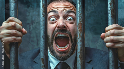 Businessman screaming in frustration behind prison bars with a gray background, depicting a moment of despair and tension