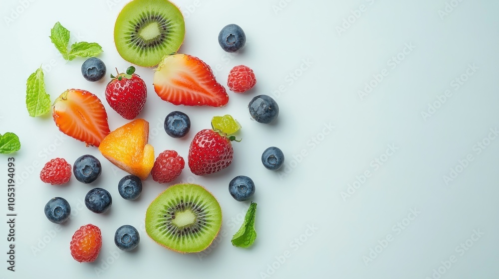 Assortment of Fresh Fruits and Berries on a Light Blue Background Assortment of Fresh Fruits and Berries on a Light Blue Background