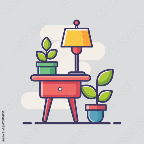 A simple illustration of a nightstand with a lamp, two plants, and a drawer.