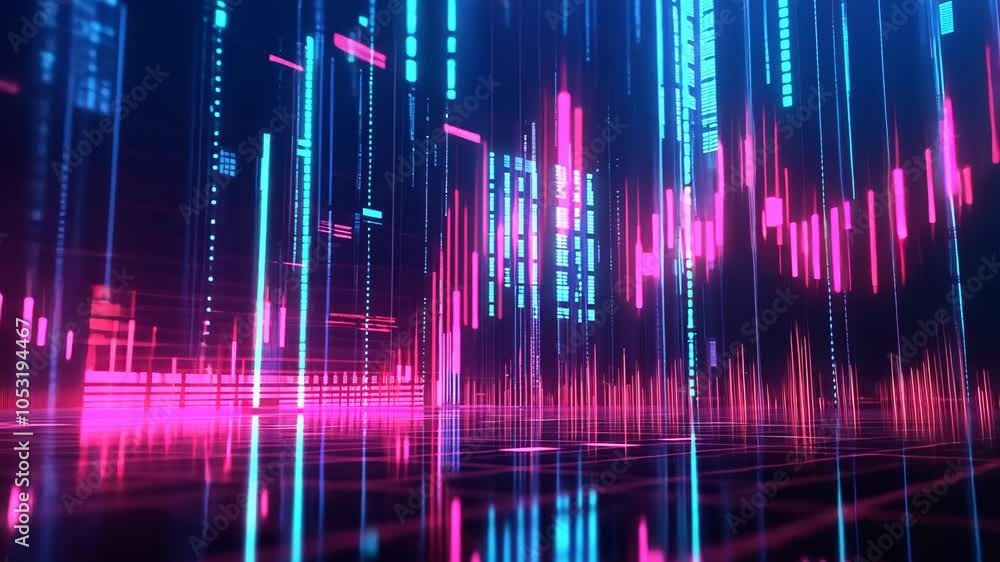 Pink and blue neon lines create a digital cityscape in this abstract background Pink and blue neon lines create a digital cityscape in this abstract background