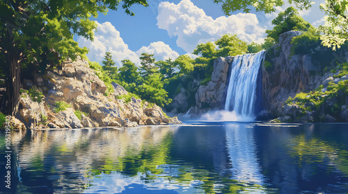 A tranquil summer scene of a waterfall flowing into a serene lake, reflecting the surrounding trees and blue sky 