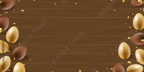 Happy Easter background template with Chocolate Easter Eggs,Gold elements on Brown Wood Table Background.Vector Backdrop top view display for Easter Day Promotion,Shopping,Sale or Web banner