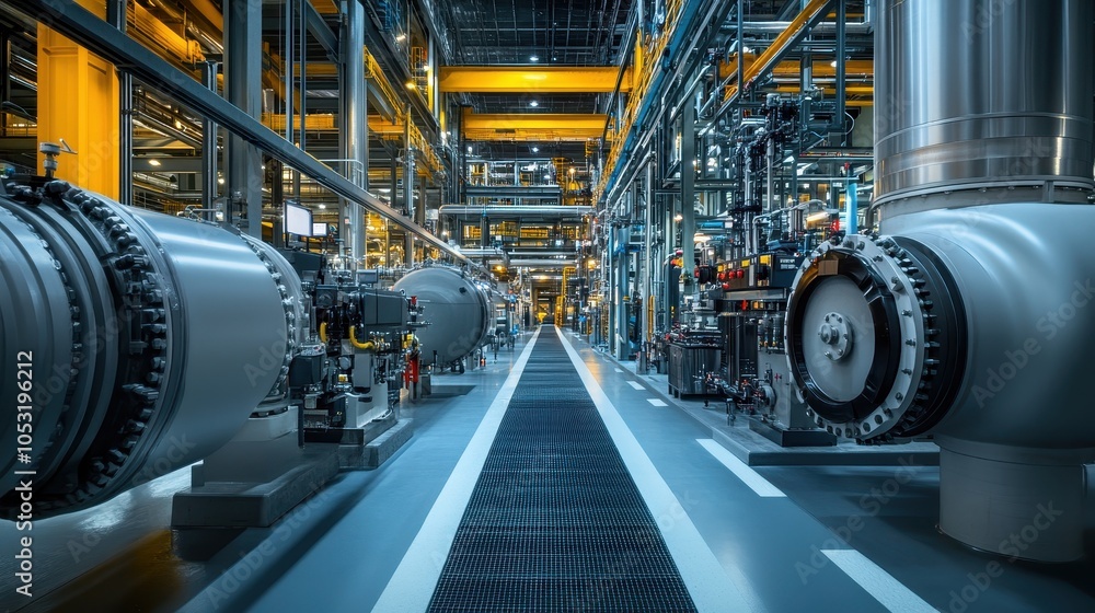 Modern Industrial Facility with Advanced Machinery and Steel Pipelines in a High-Tech Manufacturing Environment Modern Industrial Facility with Advanced Machinery and Steel Pipelines in a High-Tech Manufacturing Environment