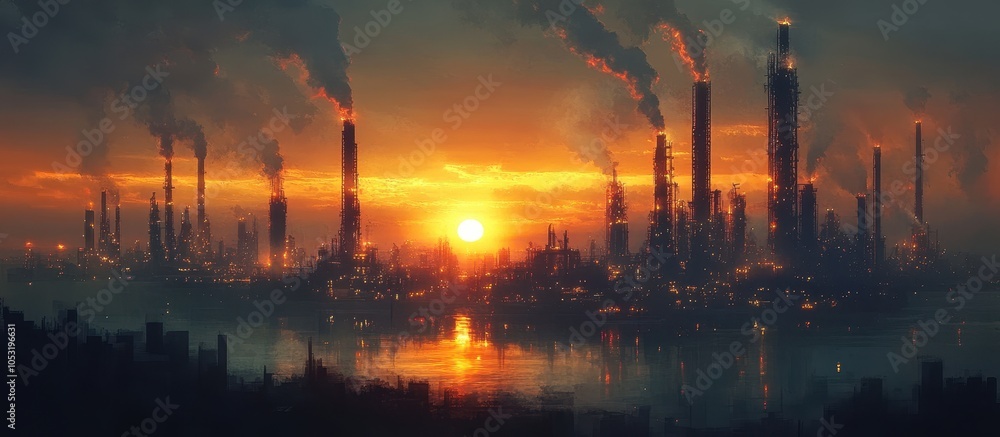 Industrial Cityscape at Sunset with Smokestacks and Reflective Water Creating a Dramatic and Atmospheric Scene Industrial Cityscape at Sunset with Smokestacks and Reflective Water Creating a Dramatic and Atmospheric Scene