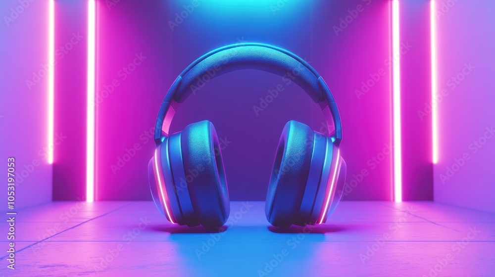 Blue Headphones Underneath Purple and Blue Neon Lights Blue Headphones Underneath Purple and Blue Neon Lights
