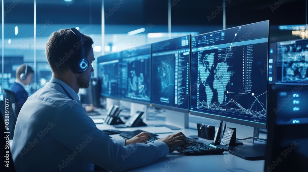A call center with advanced digital interfaces and screens displaying customer inquiries and A call center with advanced digital interfaces and screens displaying customer inquiries and