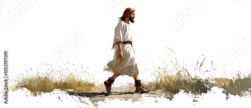 Jesus walking on a dusty path through fields, hand-drawn illustration capturing a serene moment of faith and hope in a rustic setting photo