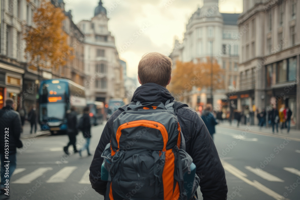 A traveler explores a busy city street in autumn, surrounded by shops and pedestrians during the afternoon rush A traveler explores a busy city street in autumn, surrounded by shops and pedestrians during the afternoon rush