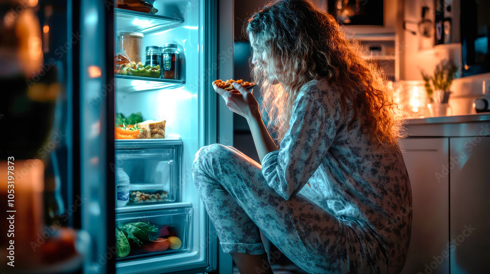 A woman in pajamas squats near an open refrigerator at night, enjoying a meal in a cozy, dimly lit kitchen filled with late-night food options A woman in pajamas squats near an open refrigerator at night, enjoying a meal in a cozy, dimly lit kitchen filled with late-night food options