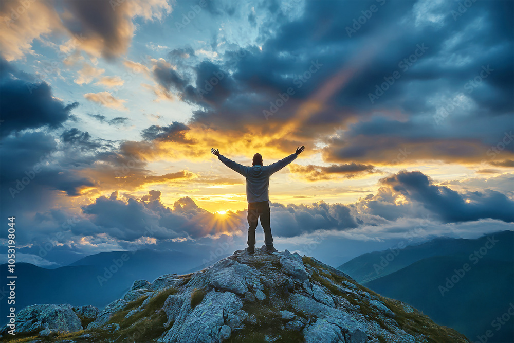 A man stands with arms raised high on a mountain peak at sunset, illuminated by divine rays that break through dramatic clouds in the sky A man stands with arms raised high on a mountain peak at sunset, illuminated by divine rays that break through dramatic clouds in the sky