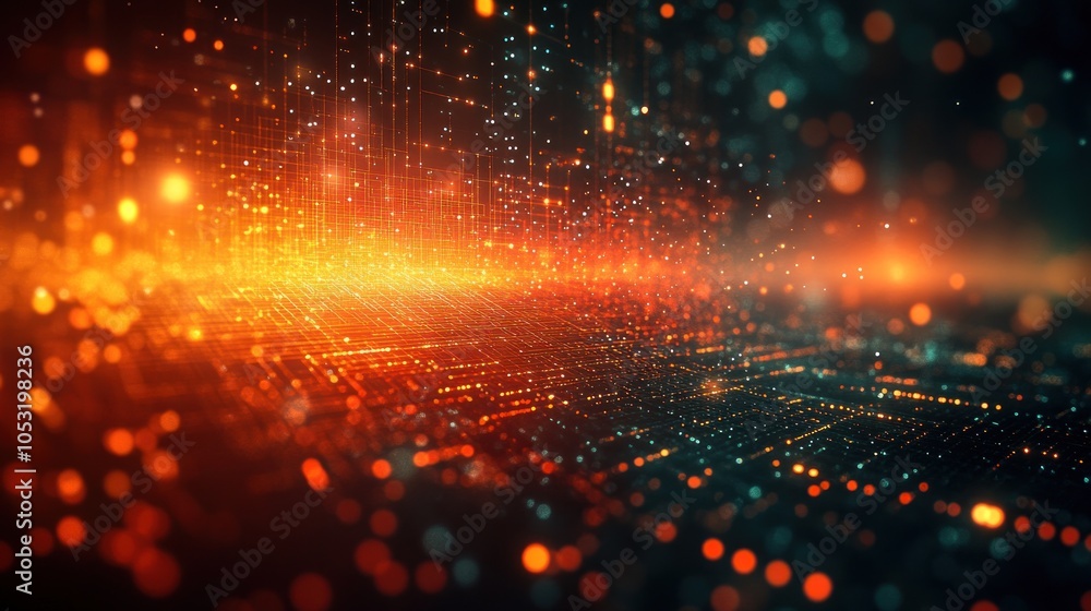 Fototapeta premium Abstract digital landscape with glowing particles and lines.