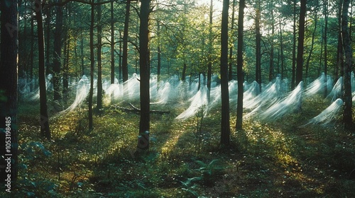 Enchanted Forest with Ghostly Translucent Wisps