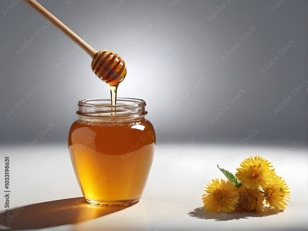 Golden Honey Jar with Yellow Flowers on White Background Golden Honey Jar with Yellow Flowers on White Background
