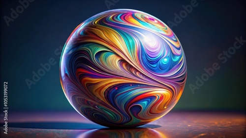 Liquid chrome sphere with swirling colorful pattern , holographic, shiny, metallic, render, Y2K, retro, reflective surface photo