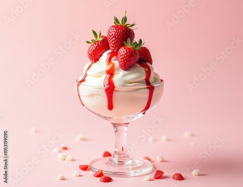 strawberry ice cream with strawberries in a glass cup