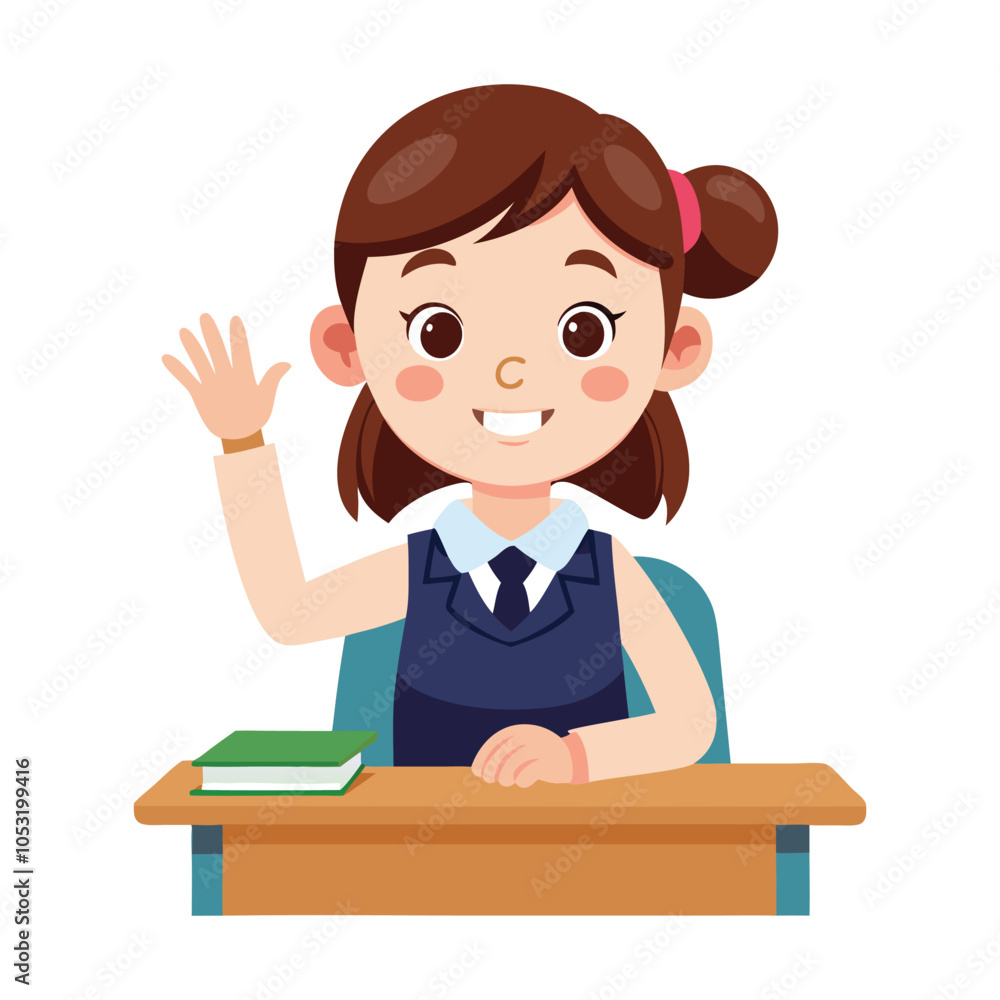 vector russian schoolgirl sits at her desk and raises her vector russian schoolgirl sits at her desk and raises her