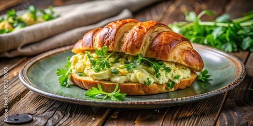 Gourmet egg salad croissant sandwich with fresh herbs on a rustic plate, gourmet, egg salad, croissant, sandwich, fresh herbs