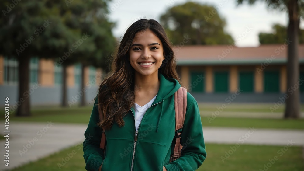 female hispanic girl in green casual wear on school yard background model portrait smiling for ad concept space for text female hispanic girl in green casual wear on school yard background model portrait smiling for ad concept space for text