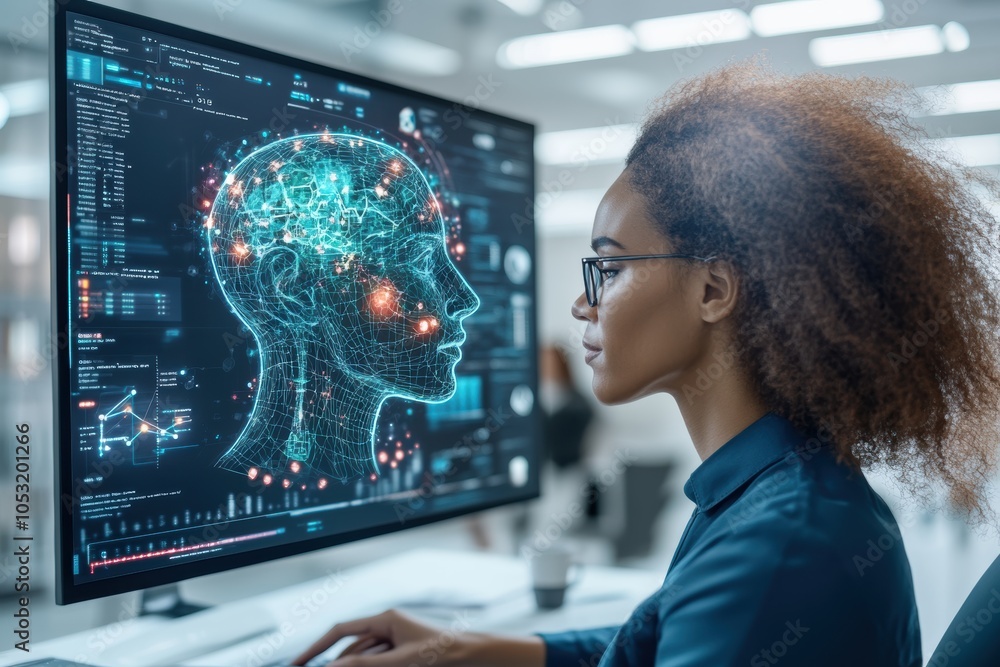 A woman analyzes digital brain data on a computer, showcasing the intersection of technology and neuroscience for research. A woman analyzes digital brain data on a computer, showcasing the intersection of technology and neuroscience for research.