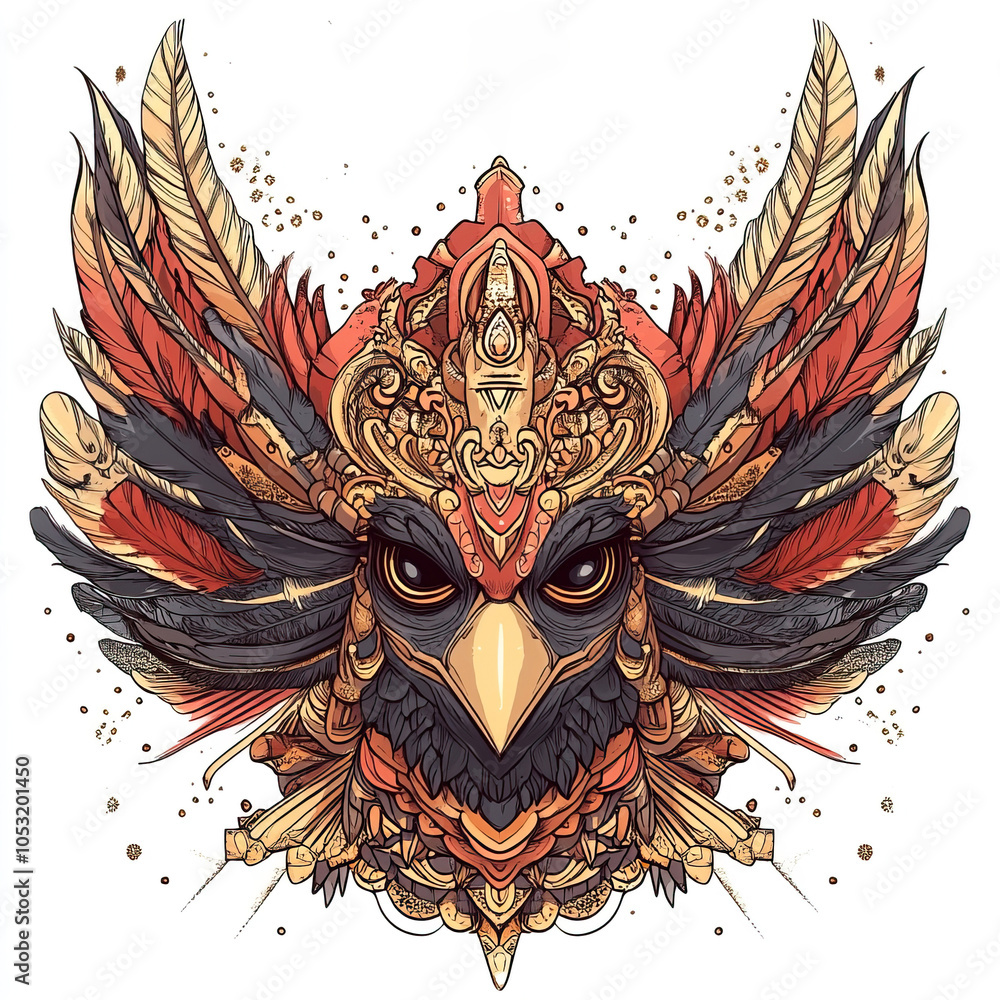 Fototapeta premium Ornate Bird Head with Intricate Feathers and Golden Details