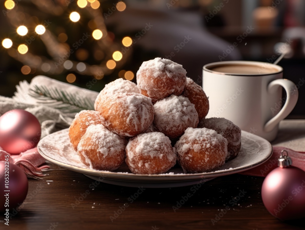 Fun Christmas theme with donut holes and hot chocolate for festive celebration happiness Fun Christmas theme with donut holes and hot chocolate for festive celebration happiness