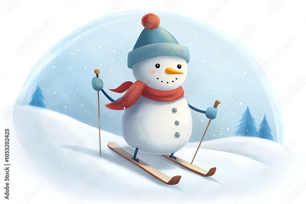 Obraz premium Cute cartoon snowman goes skiing on the white snow.