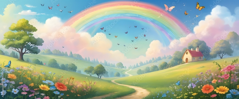 Fototapeta premium A vibrant, whimsical landscape illustration featuring a bright rainbow arching over a lush, colorful meadow. The scene has a playful, cartoonish style with fluffy white clouds, a clear blue sky, and b