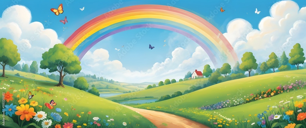 Fototapeta premium A vibrant, whimsical landscape illustration featuring a bright rainbow arching over a lush, colorful meadow. The scene has a playful, cartoonish style with fluffy white clouds, a clear blue sky, and b