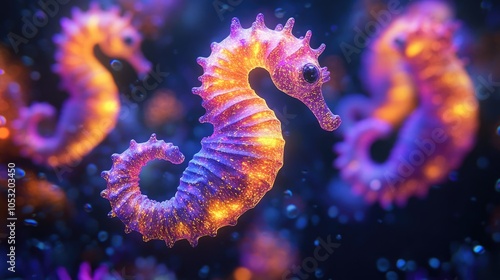 A glowing, purple seahorse swims among a school of similar seahorses in a dark blue underwater environment.