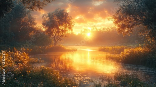 Serene sunset over a tranquil river with lush vegetation.