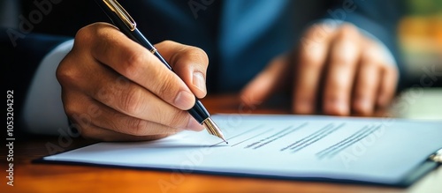 Business Professional Signing Important Document at Office Desk with Pen in Hand