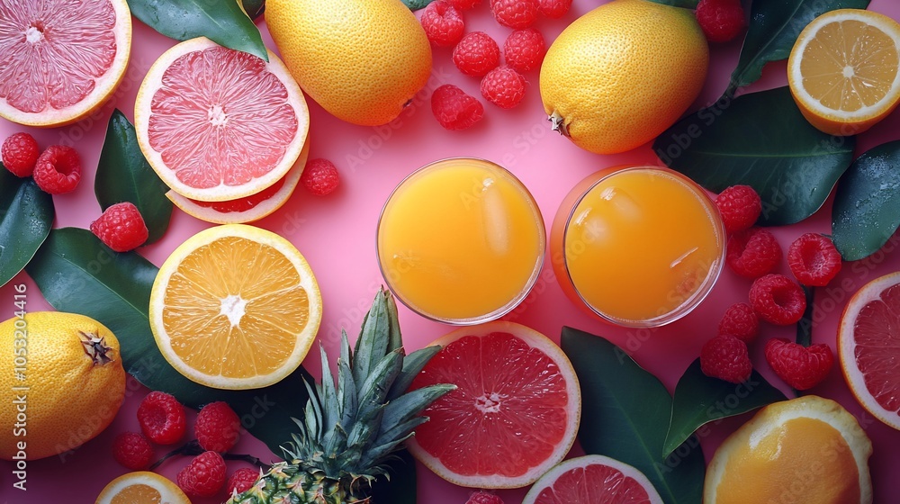 A vibrant display of fruits and juices on a pink background, evoking freshness and vitality. A vibrant display of fruits and juices on a pink background, evoking freshness and vitality.