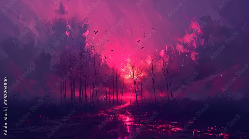 Fototapeta premium Pink & purple sky over a dark forest