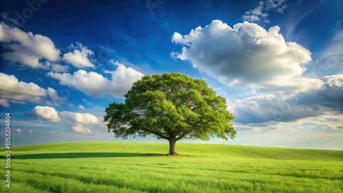 Serene landscape featuring a lone oak tree standing tall in a vast field, serene, landscape, oak tree, field, peaceful