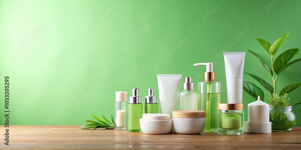 Skincare products on display against green background, skincare, products, display, green, background, beauty, cosmetic, routine Skincare products on display against green background, skincare, products, display, green, background, beauty, cosmetic, routine
